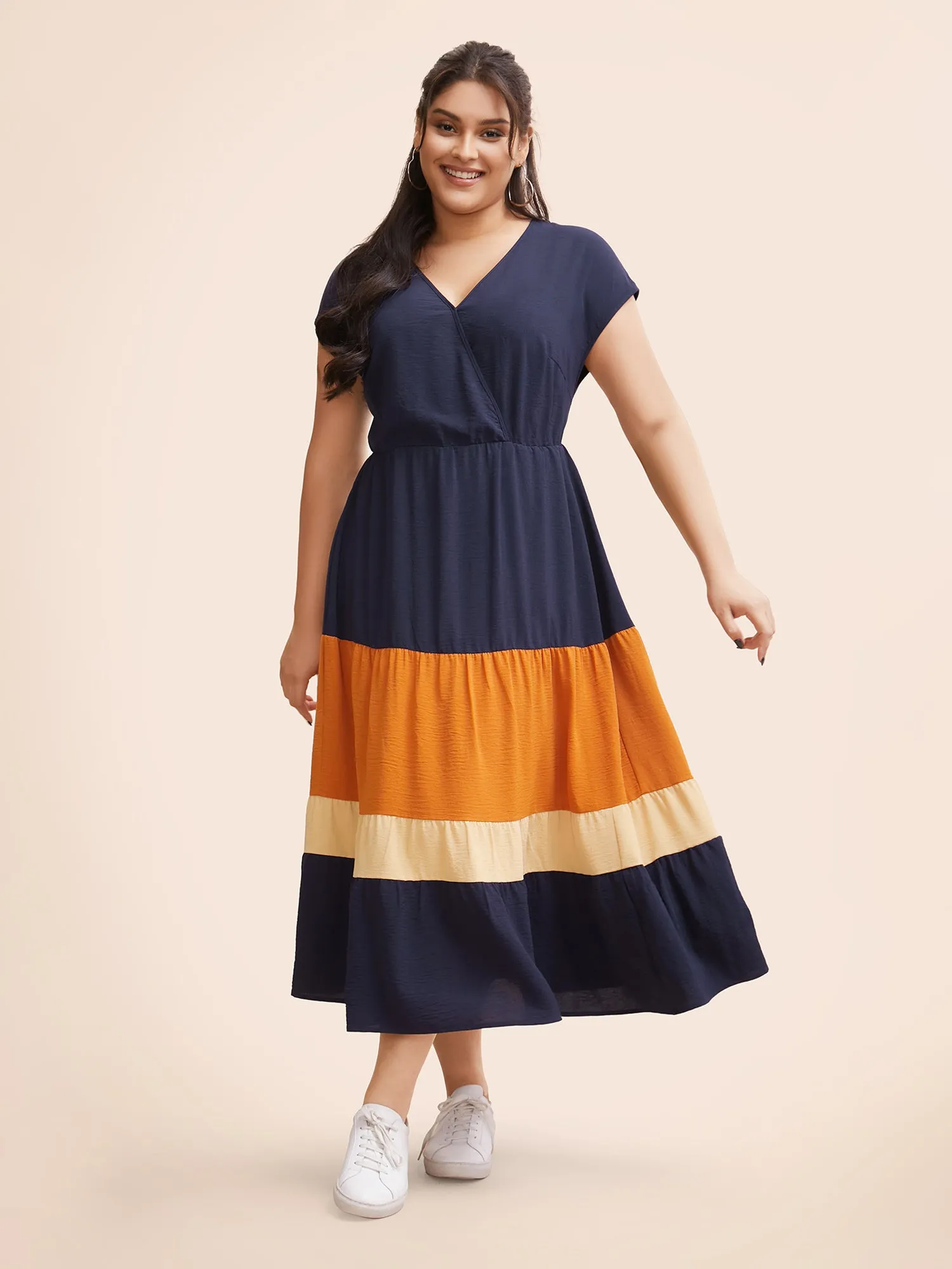 Colorblock Contrast Pocket Wrap Flutter Tiered Tank Dress sold by Bloomchic