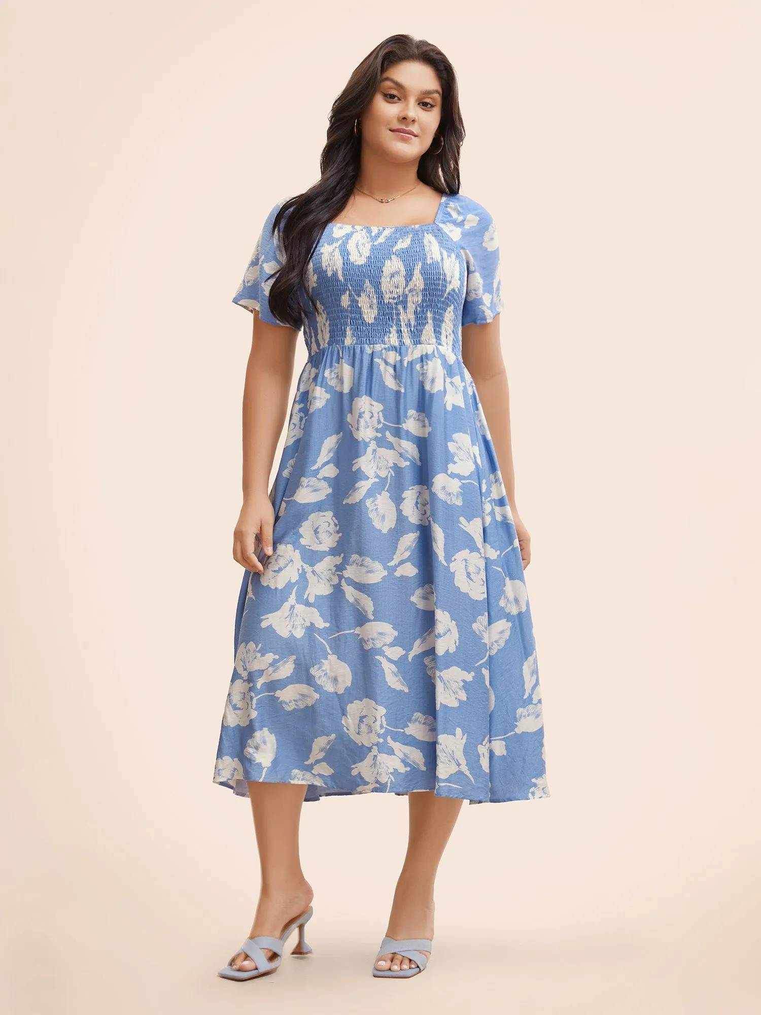 Square Neck Silhouette Floral Print Shirred Dress sold by Bloomchic product image thumbnail 3
