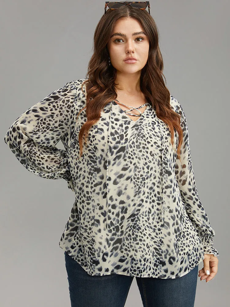Leopard Print Lace Up Shirred Blouse sold by Bloomchic