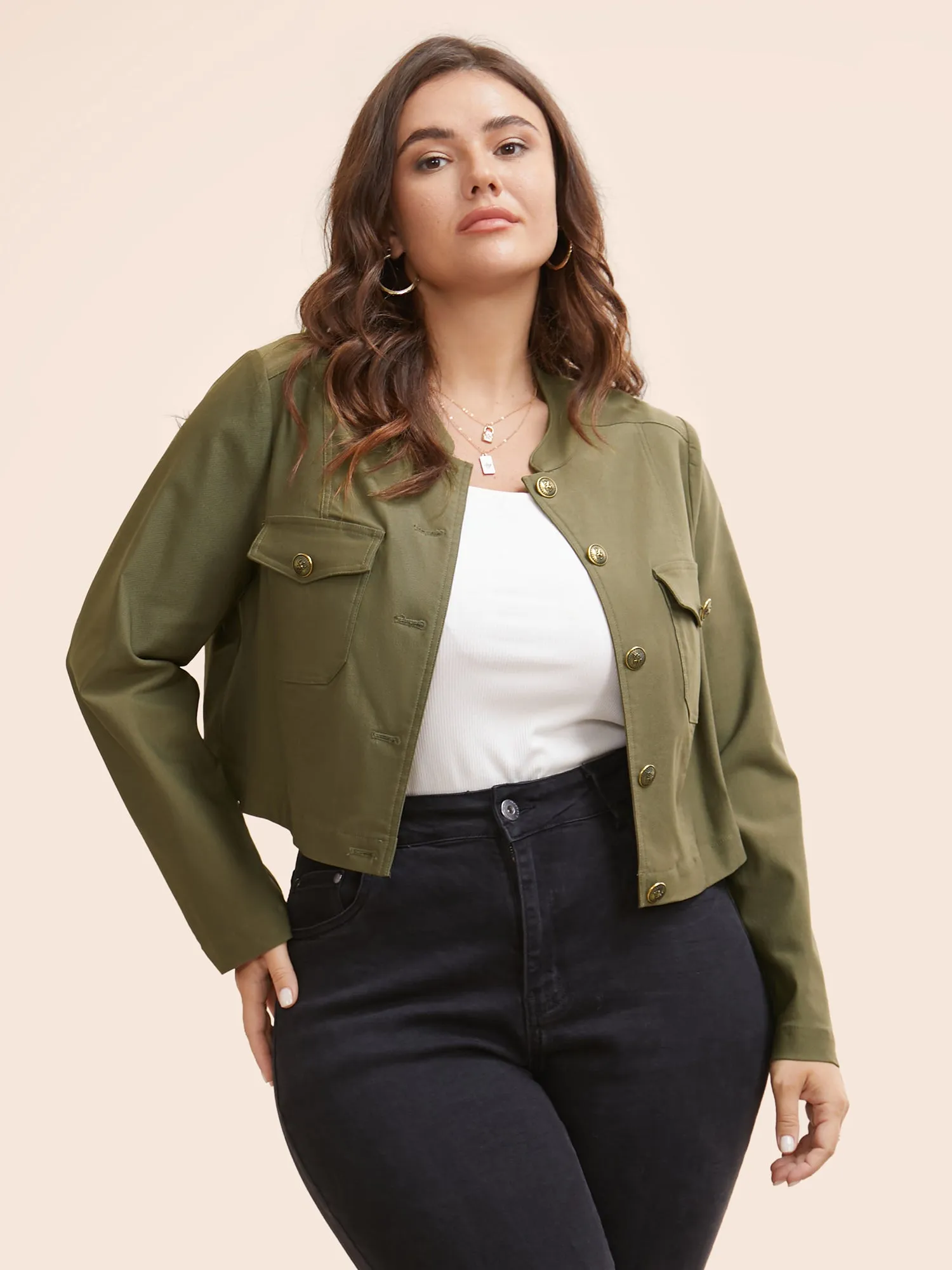 Solid Patch Pocket Cropped Jacket sold by Bloomchic