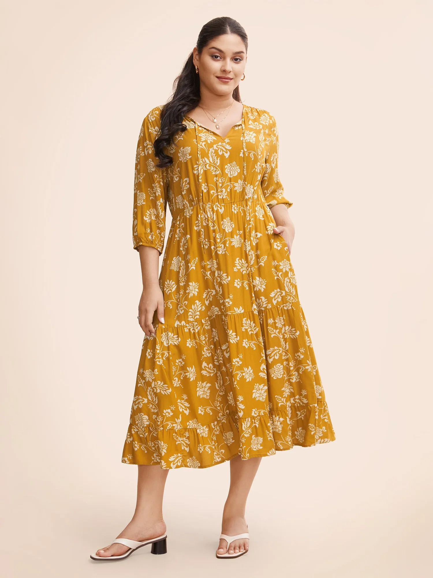 Floral Lantern Sleeve Ruffle Layered Hem Dress sold by Bloomchic