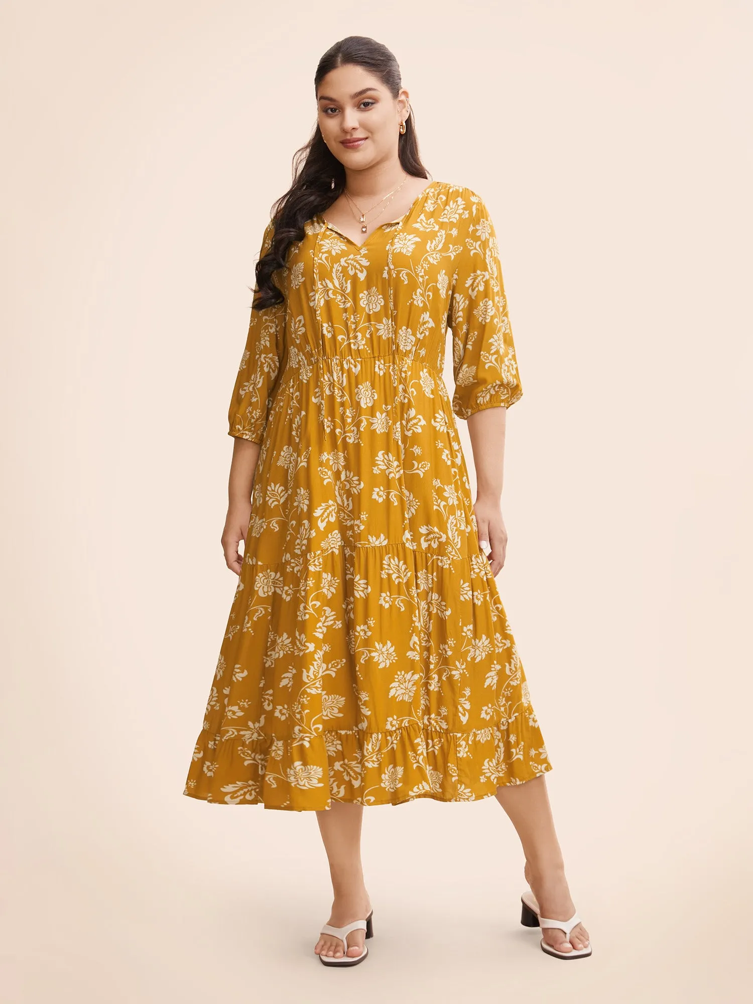 Floral Lantern Sleeve Ruffle Layered Hem Dress sold by Bloomchic product image thumbnail 2