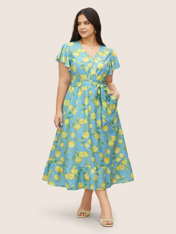Citrus Lemon Print Ruffle Cap Sleeve Belted Dress sold by Bloomchic