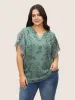 Chiffon Floral Print Flat Collar With V Notch Petal Sleeve Blouse sold by Bloomchic