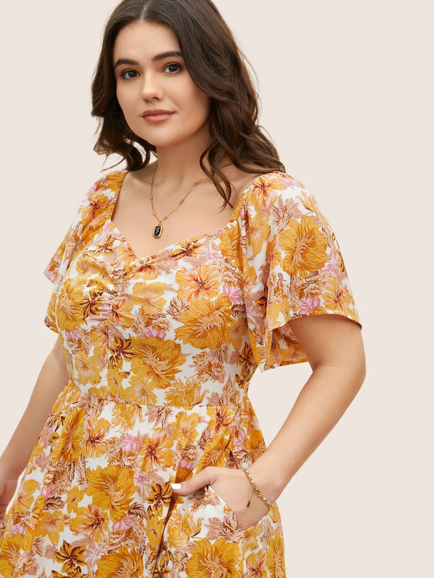 Floral Heart Neckline Flutter Sleeve Dress sold by Bloomchic product image thumbnail 4