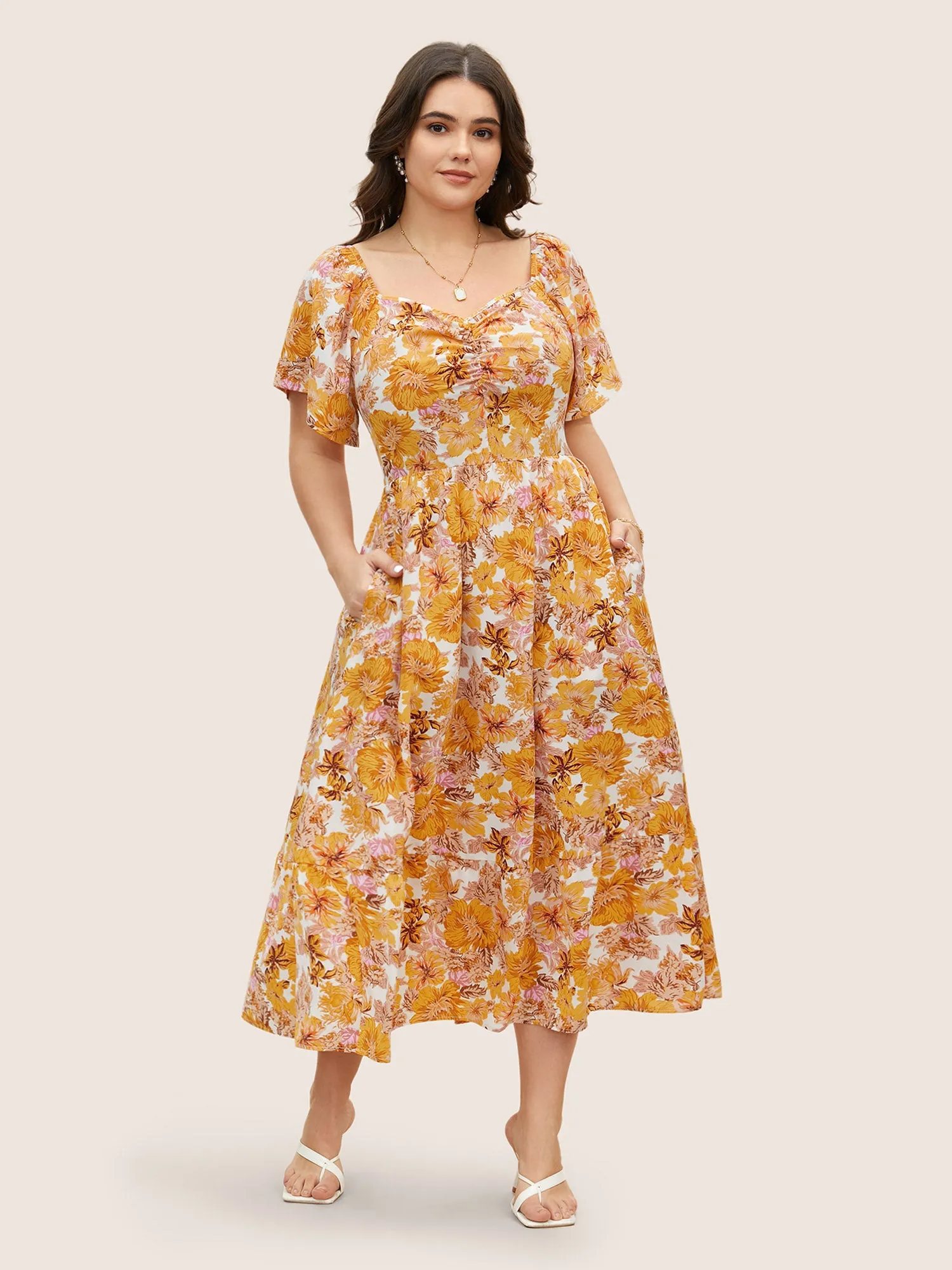 Floral Heart Neckline Flutter Sleeve Dress sold by Bloomchic