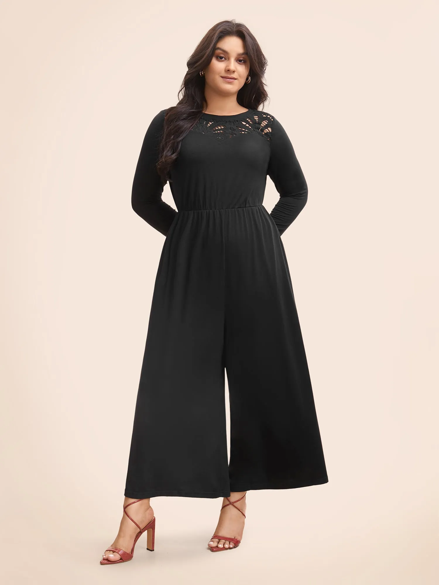 Crew Neck Crochet Lace Cut Out Jumpsuit sold by Bloomchic