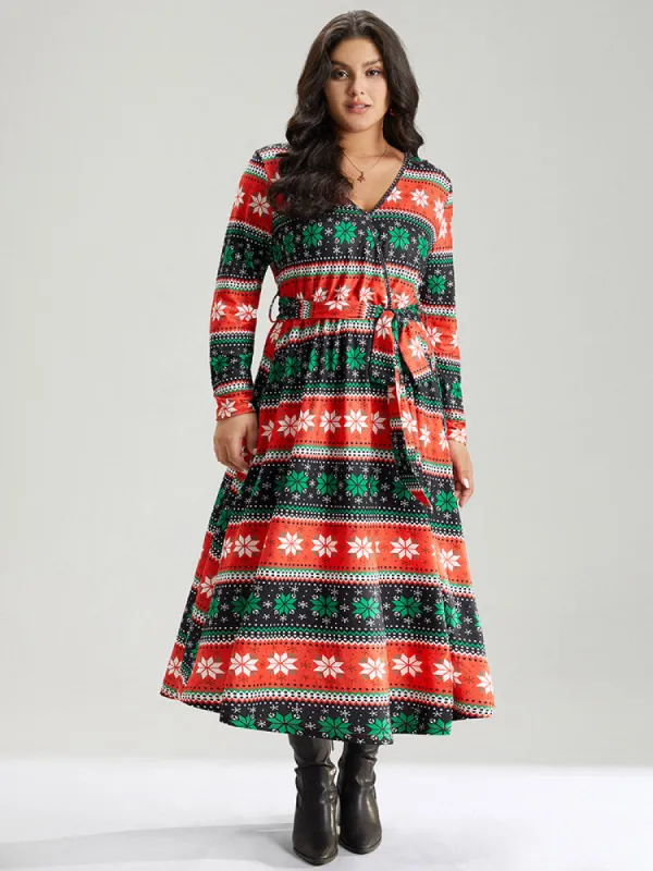 Snowflake Print Contrast Belted Surplice Neck Dress sold by Bloomchic