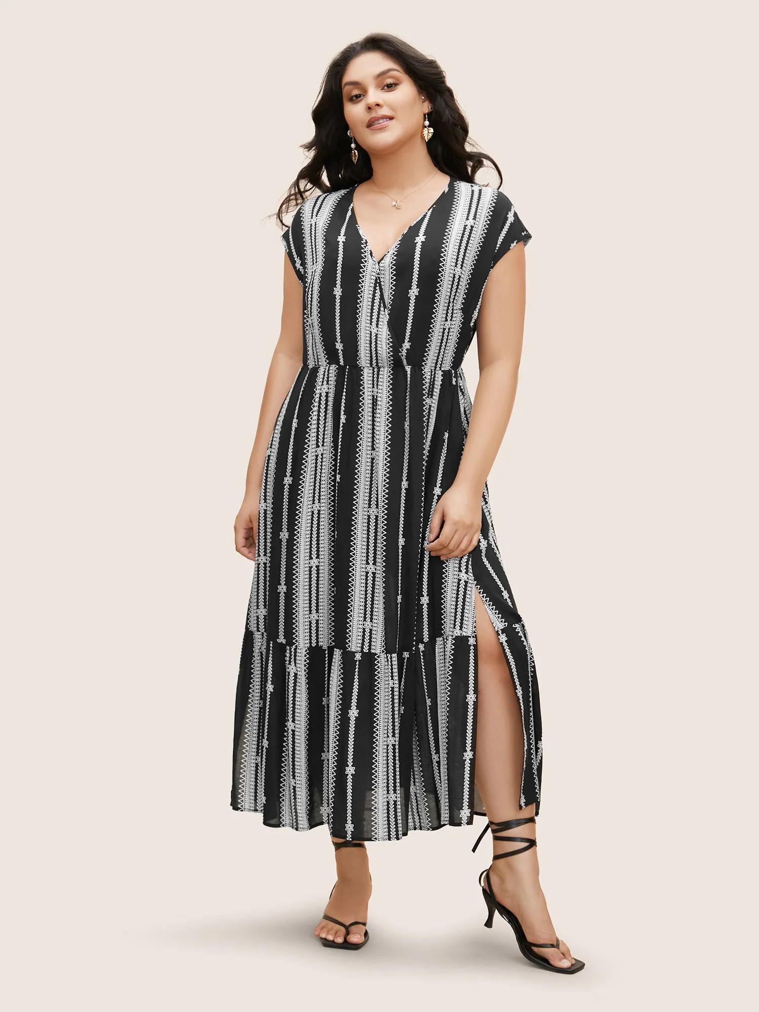 V Neck Striped Batwing Sleeve Ruffle Hem Dress sold by Bloomchic product image thumbnail 2