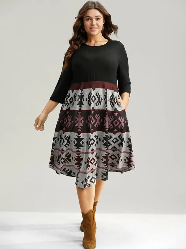 Christmas Geometric Contrast Curved Hem Dress sold by Bloomchic