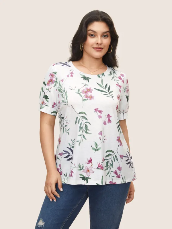 Floral Print Crew Neck Lantern Sleeve T-shirt sold by Bloomchic