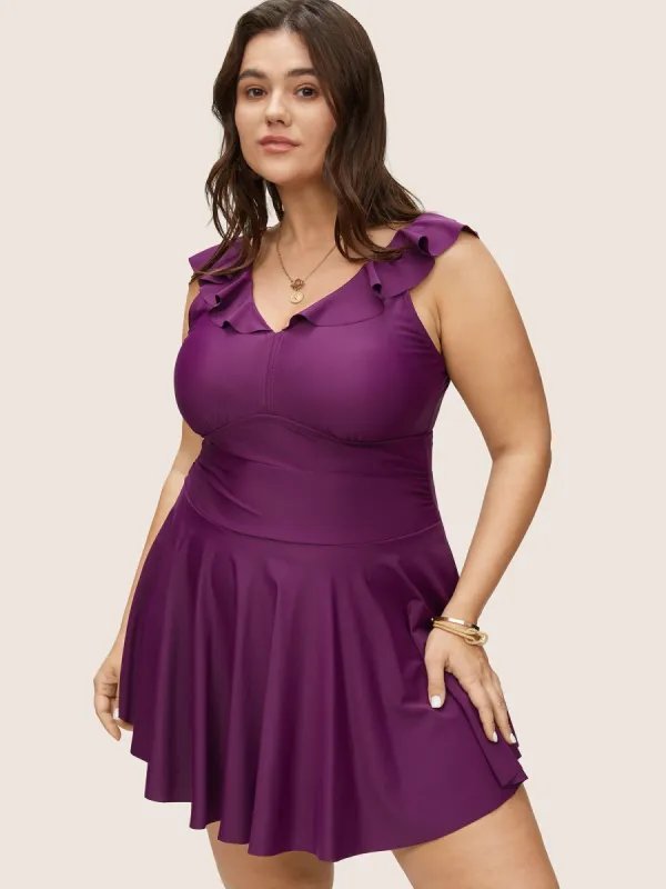 Plain Ruffles Gathered Adjustable Straps Swim Dress sold by Bloomchic