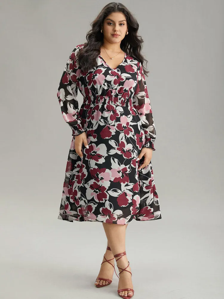 Floral Print Chiffon Shirred Elastic Cuffs Dress sold by Bloomchic