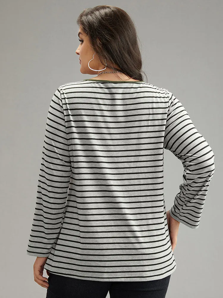 Striped Contrast Button Up Tab Sleeve T-shirt sold by Bloomchic product image thumbnail 3