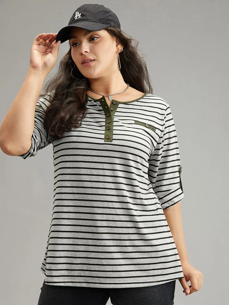 Striped Contrast Button Up Tab Sleeve T-shirt sold by Bloomchic product image thumbnail 4