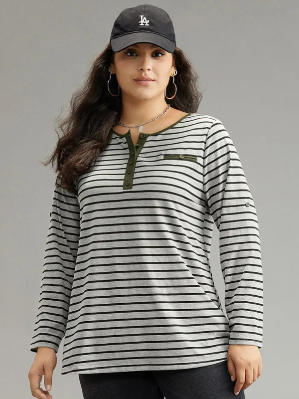 Striped Contrast Button Up Tab Sleeve T-shirt sold by Bloomchic
