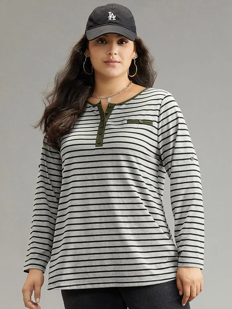 Striped Contrast Button Up Tab Sleeve T-shirt sold by Bloomchic
