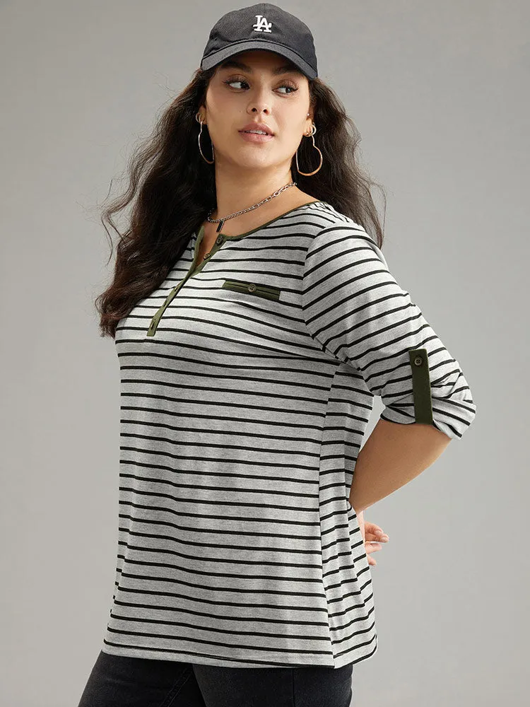 Striped Contrast Button Up Tab Sleeve T-shirt sold by Bloomchic product image thumbnail 5