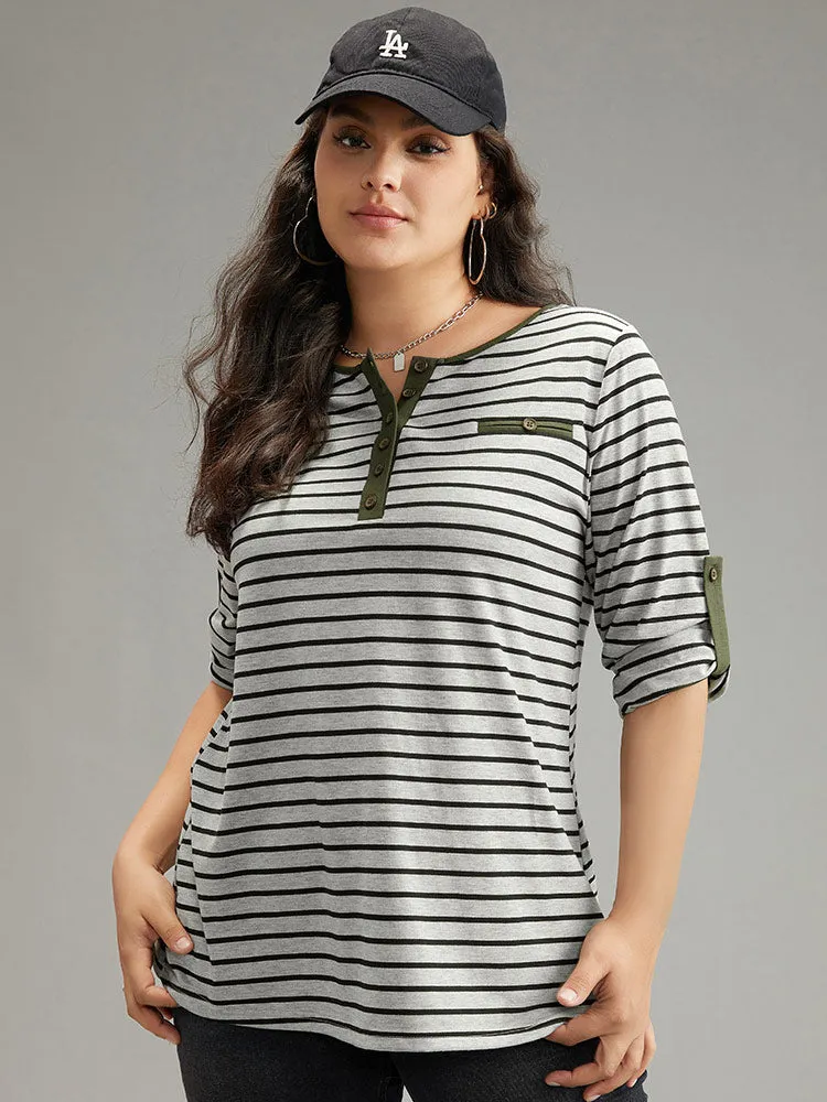 Striped Contrast Button Up Tab Sleeve T-shirt sold by Bloomchic product image thumbnail 2