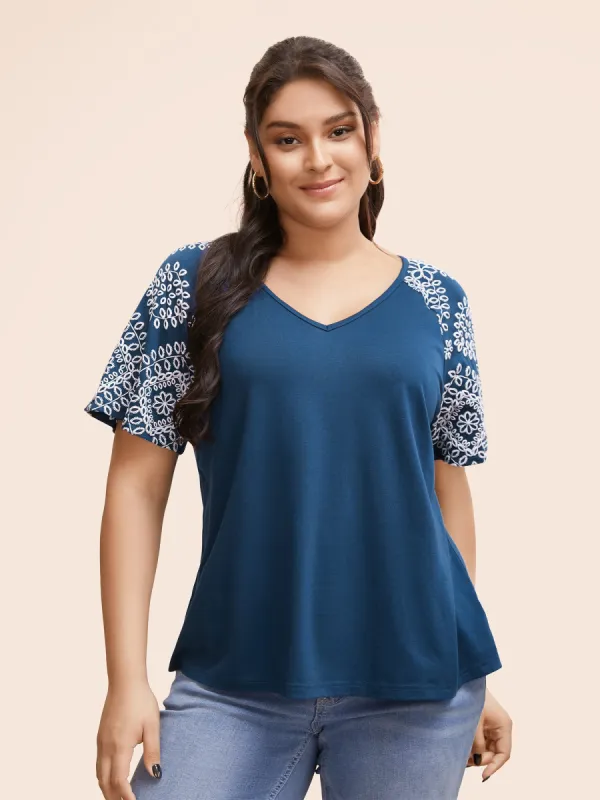 V Neck Boho Print Raglan Sleeve T-shirt sold by Bloomchic