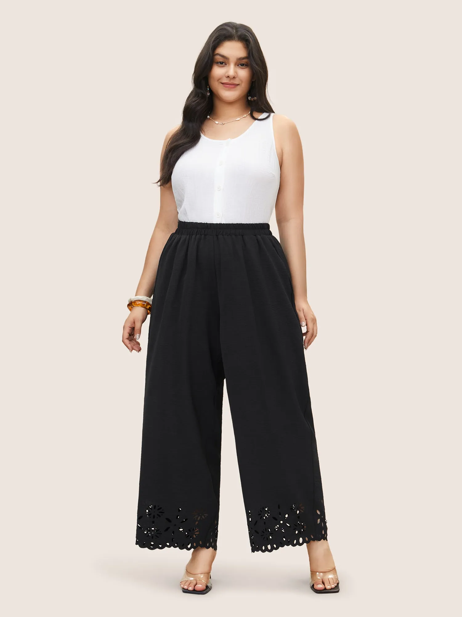 Laser Cut Elastic Waist Wide Leg Pants sold by Bloomchic product image thumbnail 3