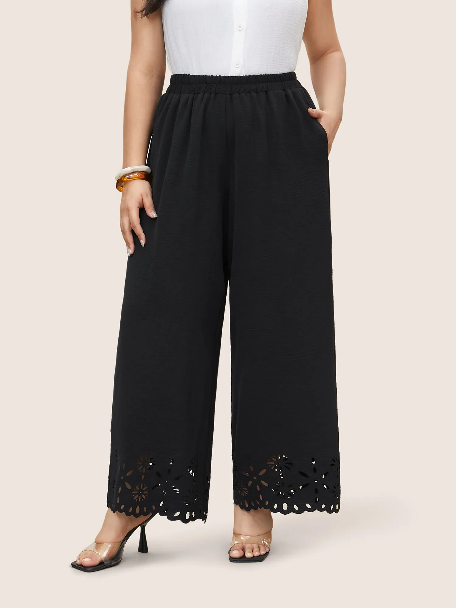 Laser Cut Elastic Waist Wide Leg Pants sold by Bloomchic