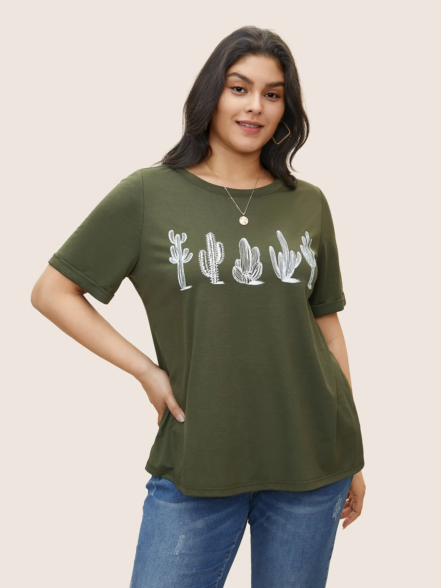 Cactus Print Crew Neck T-shirt sold by Bloomchic