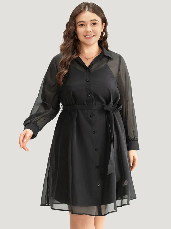 Shirt Collar Button Up Belted Mesh Dress sold by Bloomchic