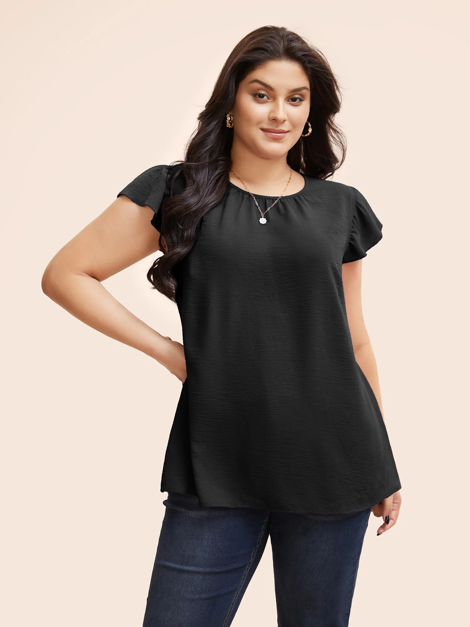 Solid Gathered Flutter Trim Blouse sold by Bloomchic
