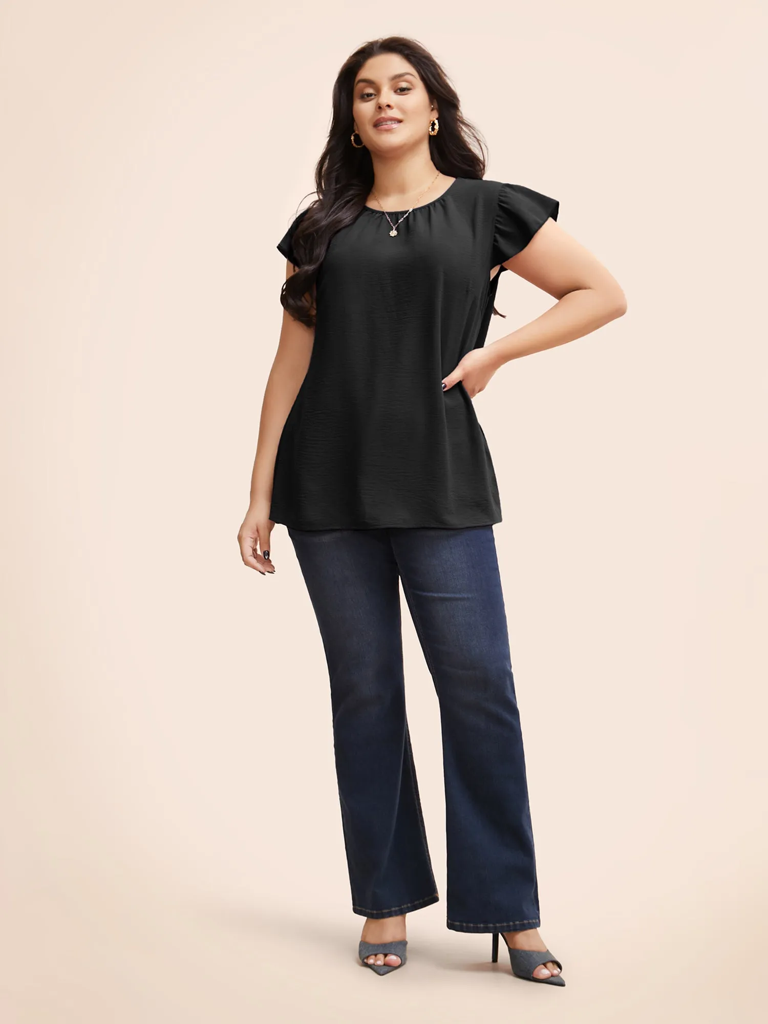 Solid Gathered Flutter Trim Blouse sold by Bloomchic product image thumbnail 2
