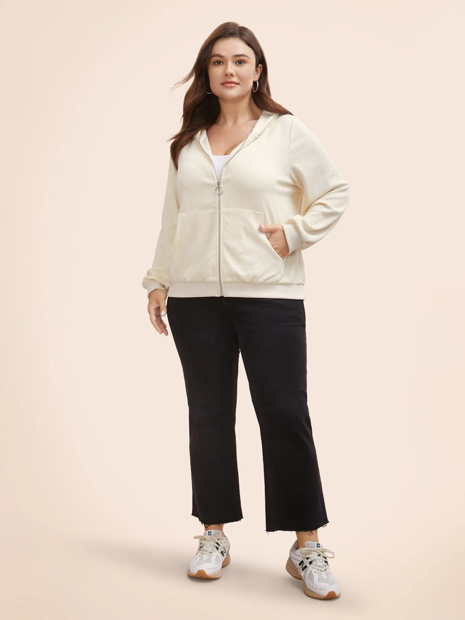 Textured Rhinestone Hooded O Ring Zipper Sweatshirt sold by Bloomchic product image thumbnail 5