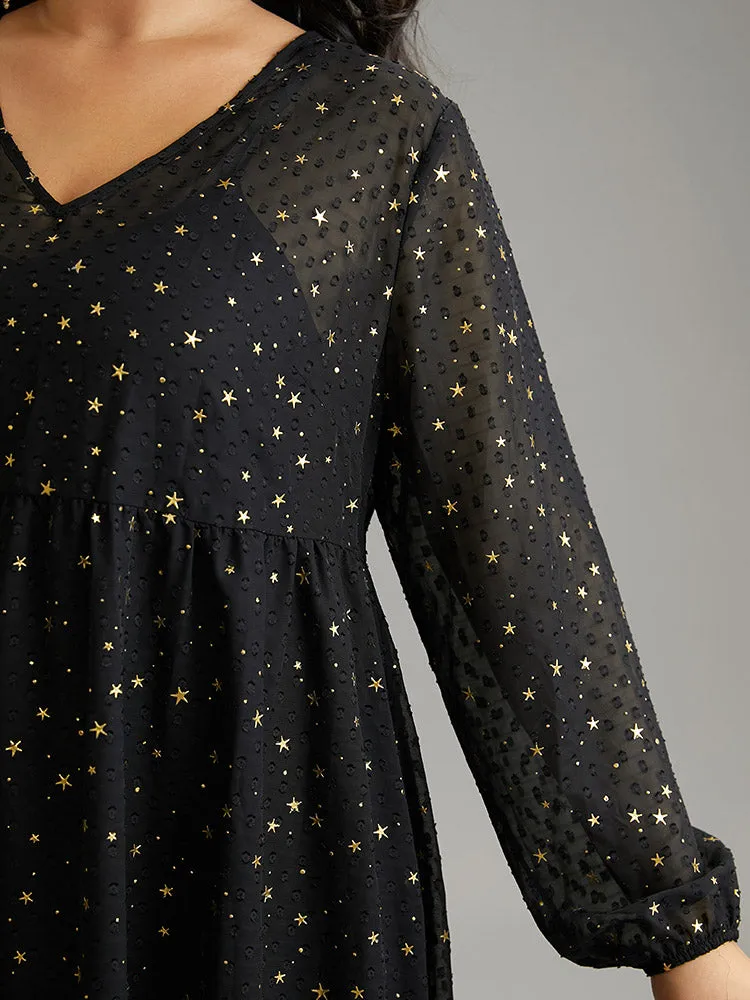Star Glitter Mesh Lantern Sleeve Ruffle Dress sold by Bloomchic product image thumbnail 4