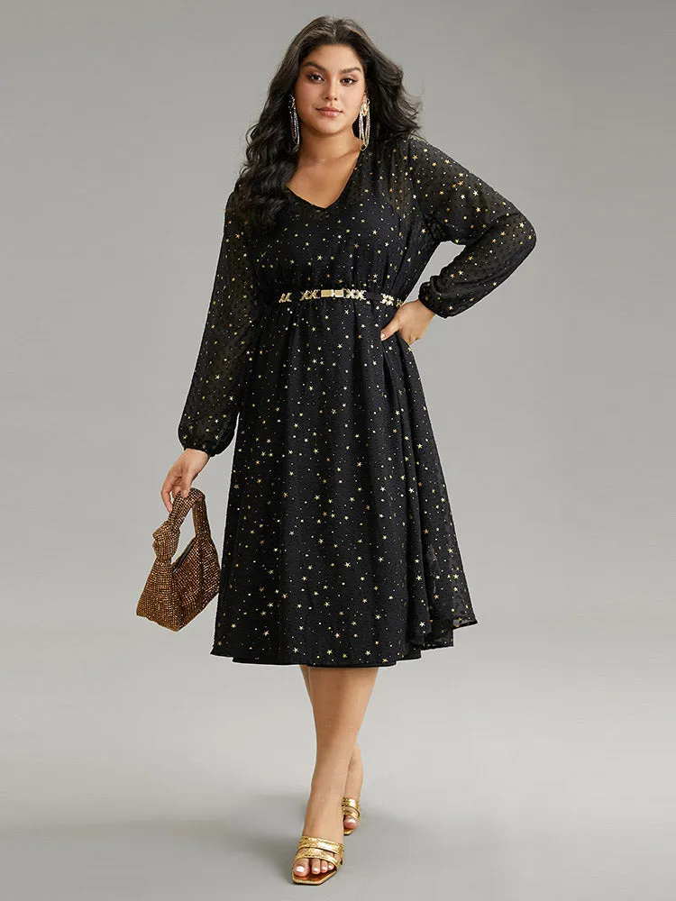 Star Glitter Mesh Lantern Sleeve Ruffle Dress sold by Bloomchic