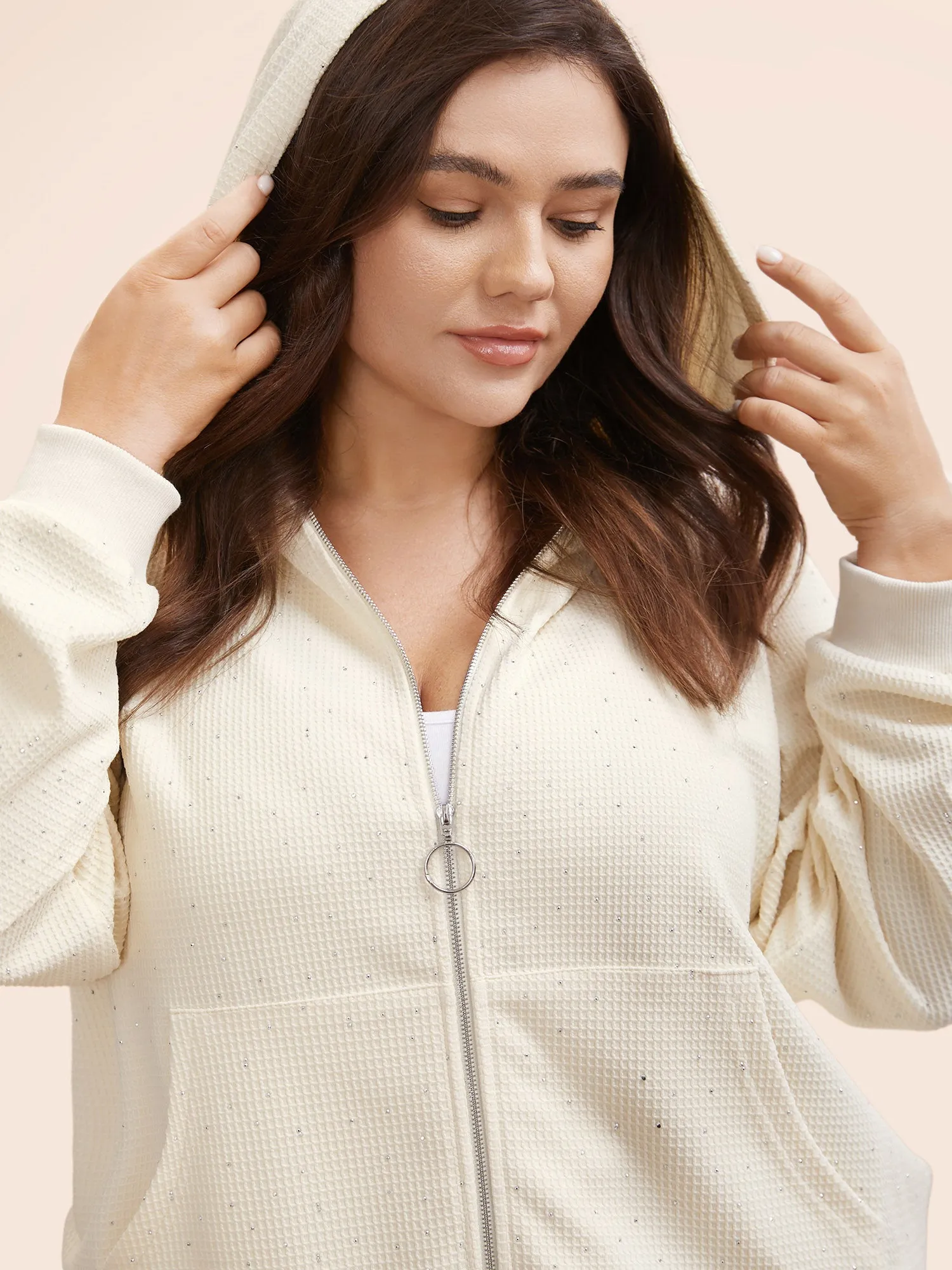 Textured Rhinestone Hooded O Ring Zipper Sweatshirt sold by Bloomchic product image thumbnail 2