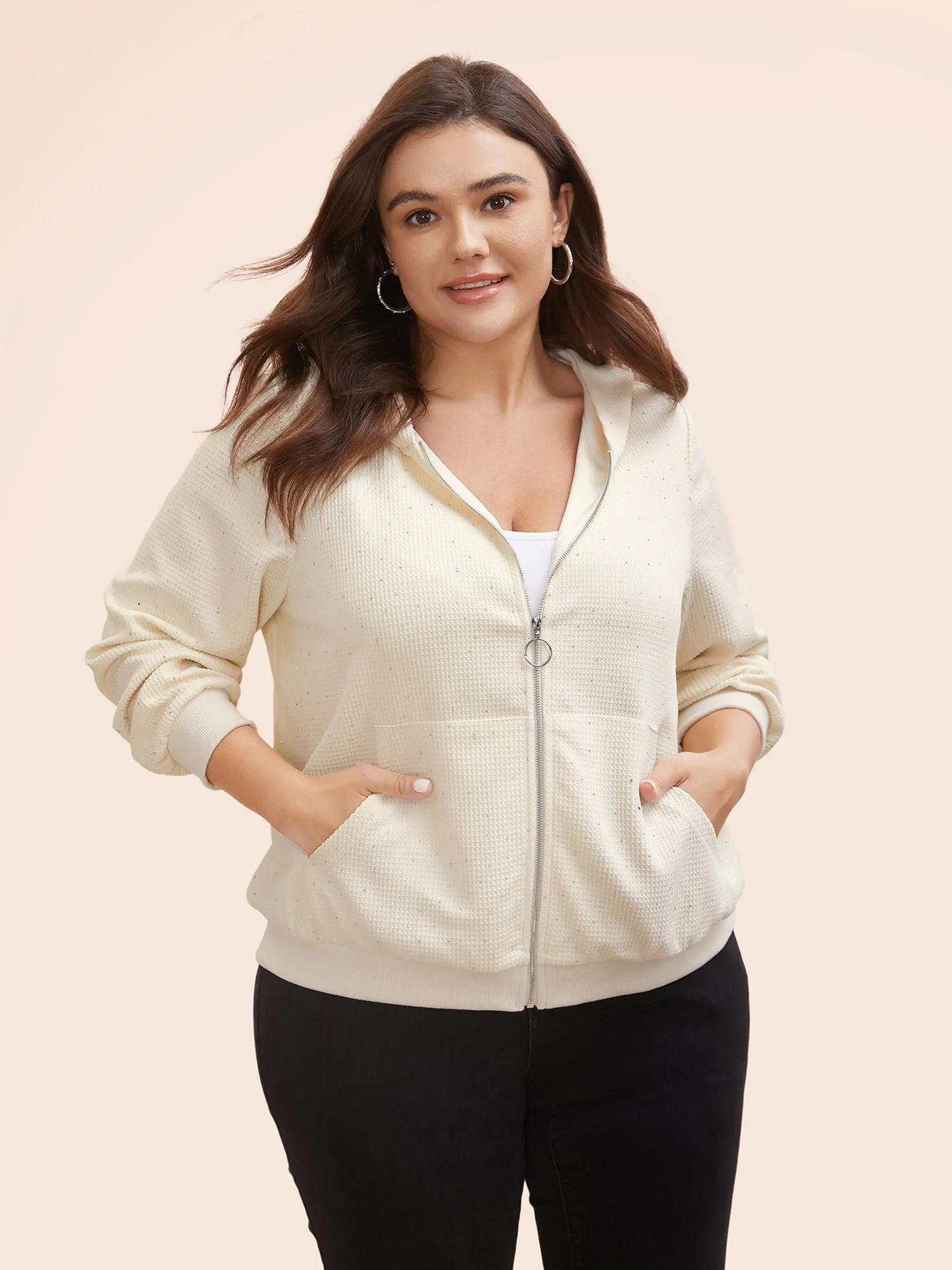 Textured Rhinestone Hooded O Ring Zipper Sweatshirt sold by Bloomchic