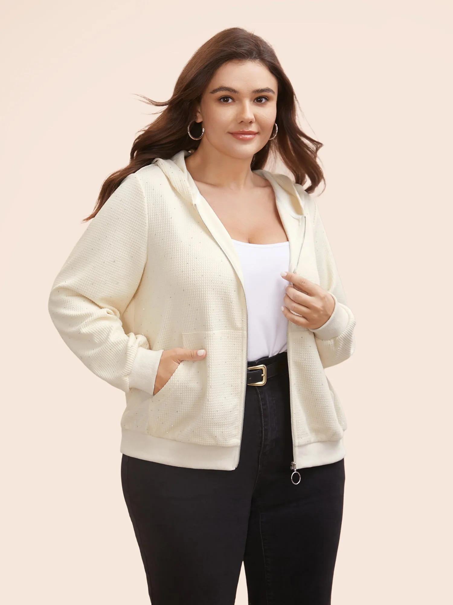 Textured Rhinestone Hooded O Ring Zipper Sweatshirt sold by Bloomchic product image thumbnail 4