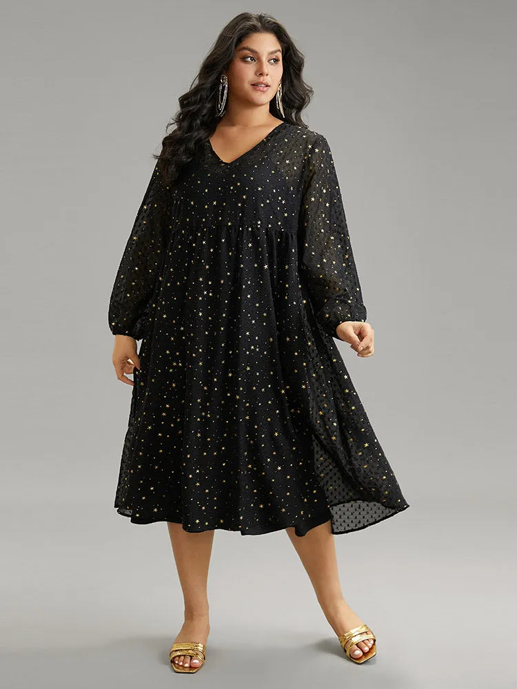 Star Glitter Mesh Lantern Sleeve Ruffle Dress sold by Bloomchic product image thumbnail 2