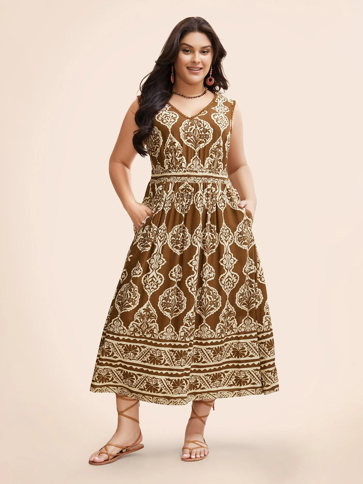 Bandana Shirred Pompom Trim Midi Dress sold by Bloomchic