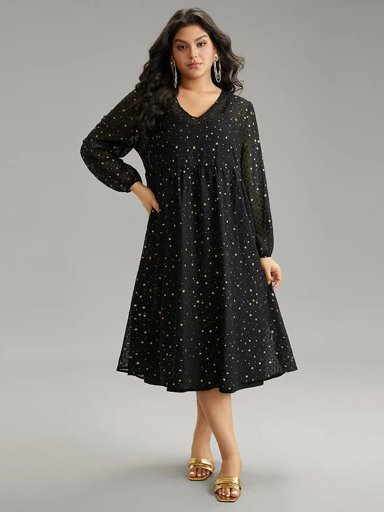 Star Glitter Mesh Lantern Sleeve Ruffle Dress sold by Bloomchic product image thumbnail 3