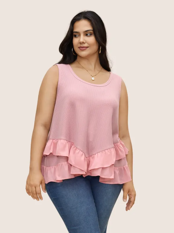 Waffle Knit Patchwork Ruffle Hem Tank Top sold by Bloomchic