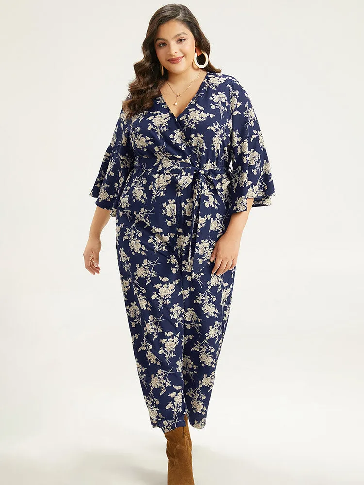 Floral Print Bell Sleeve Pocket Belted Jumpsuit sold by Bloomchic product image thumbnail 4