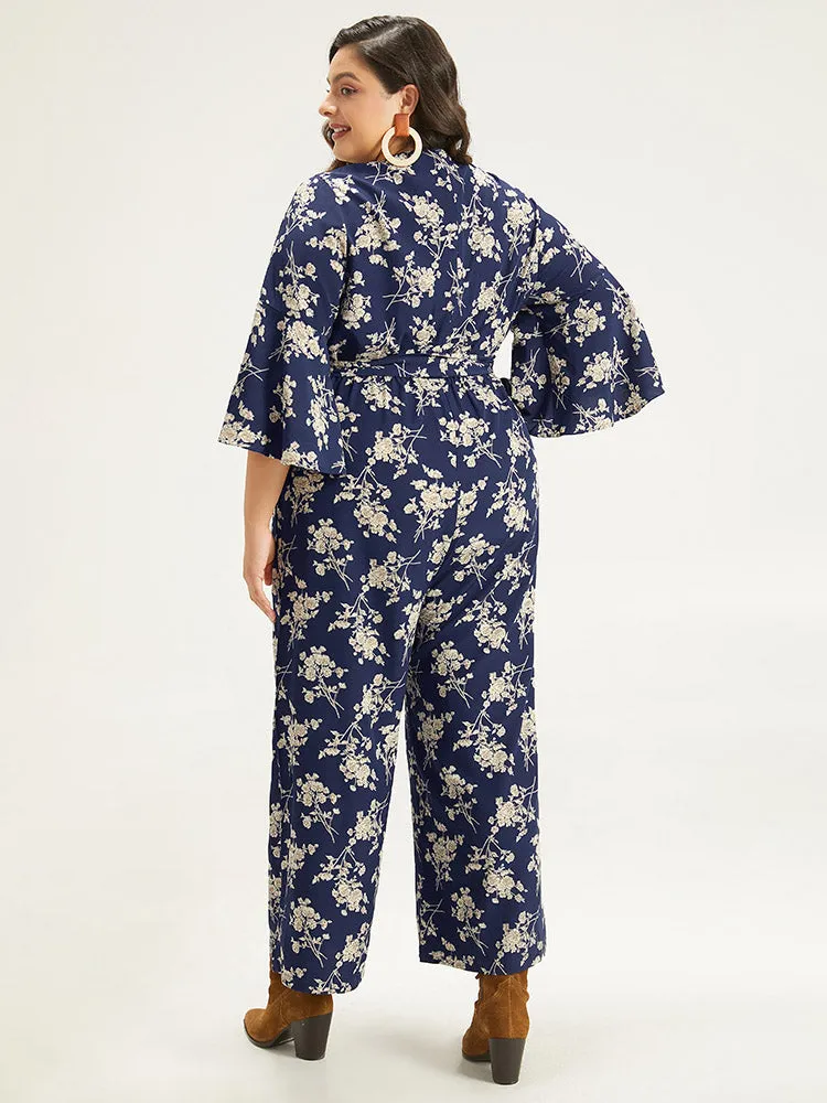 Floral Print Bell Sleeve Pocket Belted Jumpsuit sold by Bloomchic product image thumbnail 3