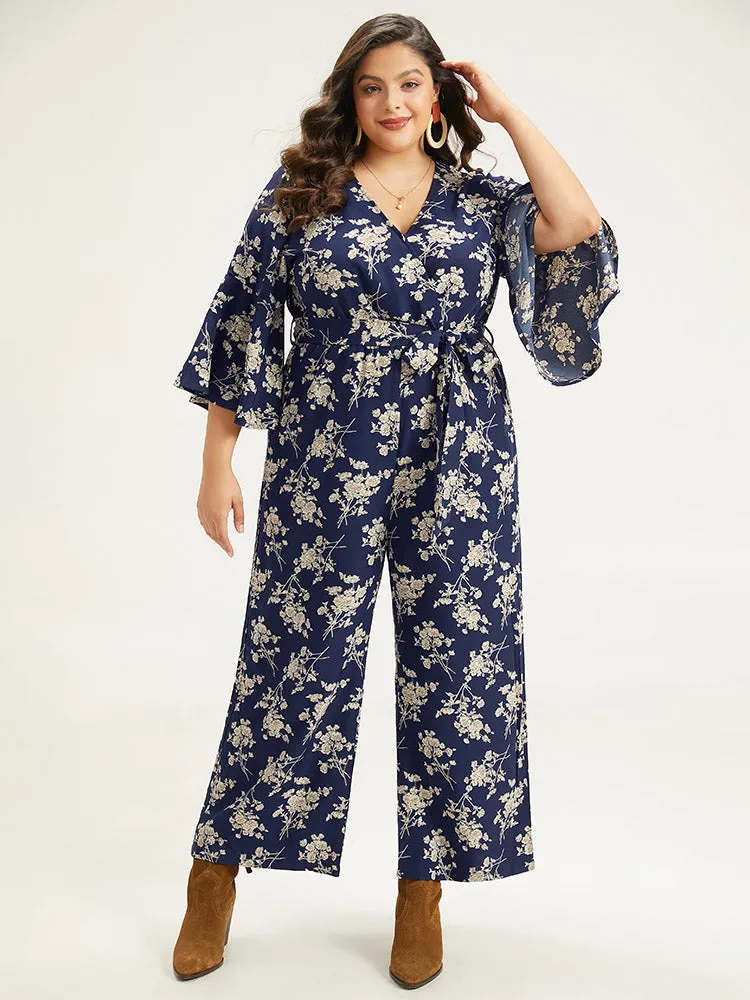 Floral Print Bell Sleeve Pocket Belted Jumpsuit sold by Bloomchic product image thumbnail 2