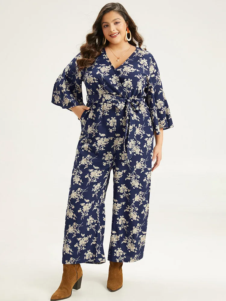 Floral Print Bell Sleeve Pocket Belted Jumpsuit sold by Bloomchic