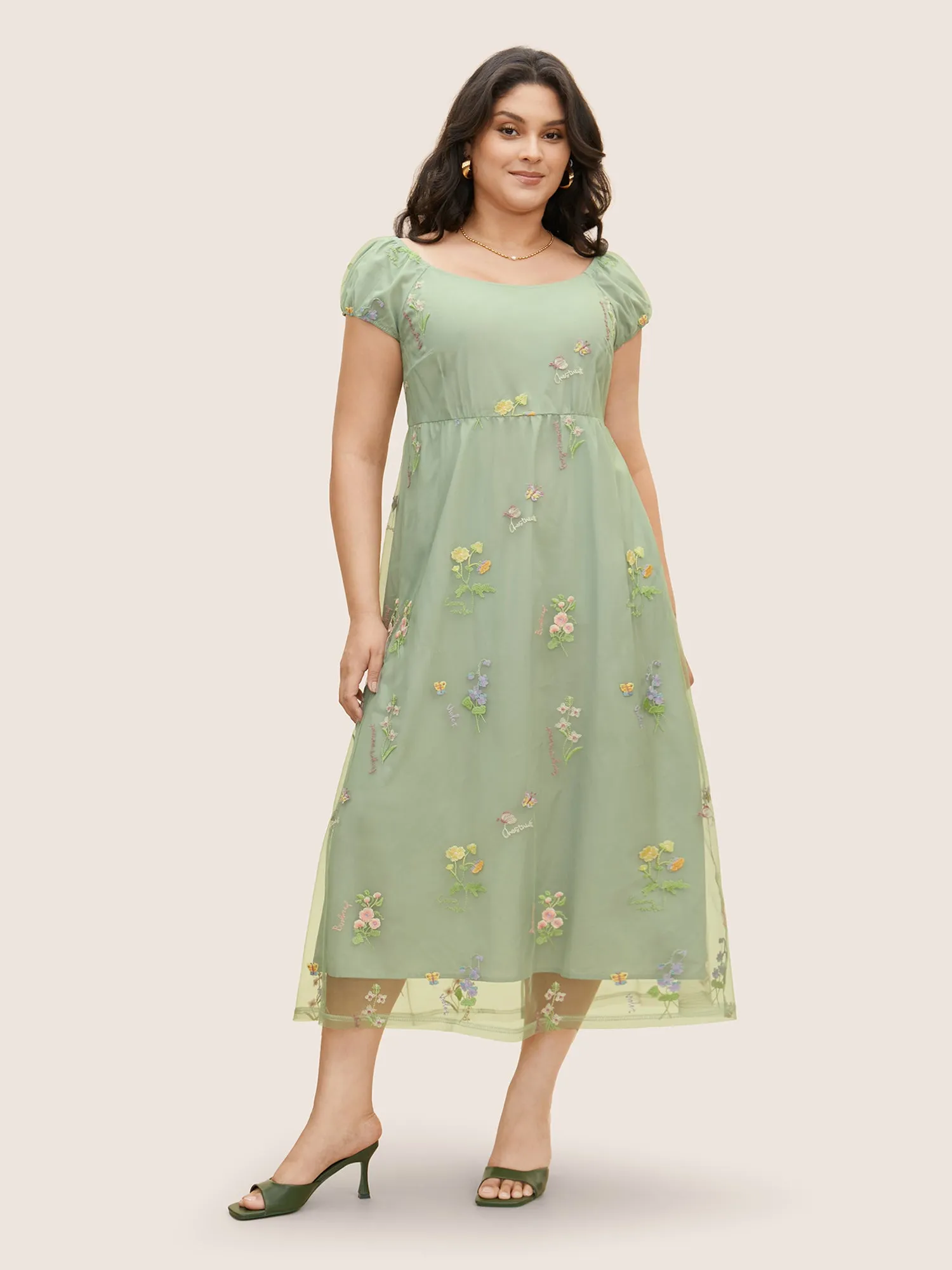 Mesh Floral Embroidered Cap Sleeve Midi Dress sold by Bloomchic product image thumbnail 2