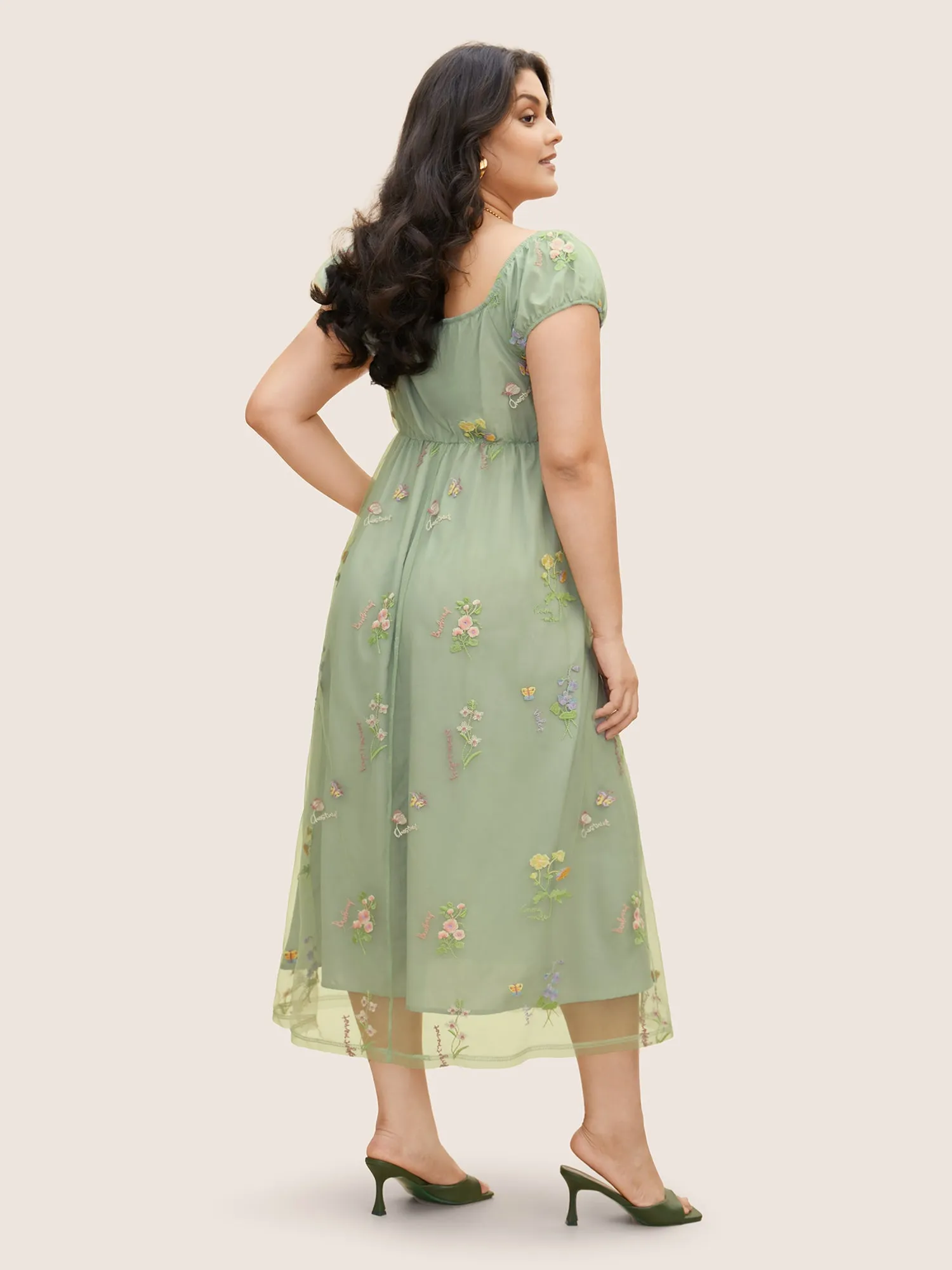 Mesh Floral Embroidered Cap Sleeve Midi Dress sold by Bloomchic product image thumbnail 3