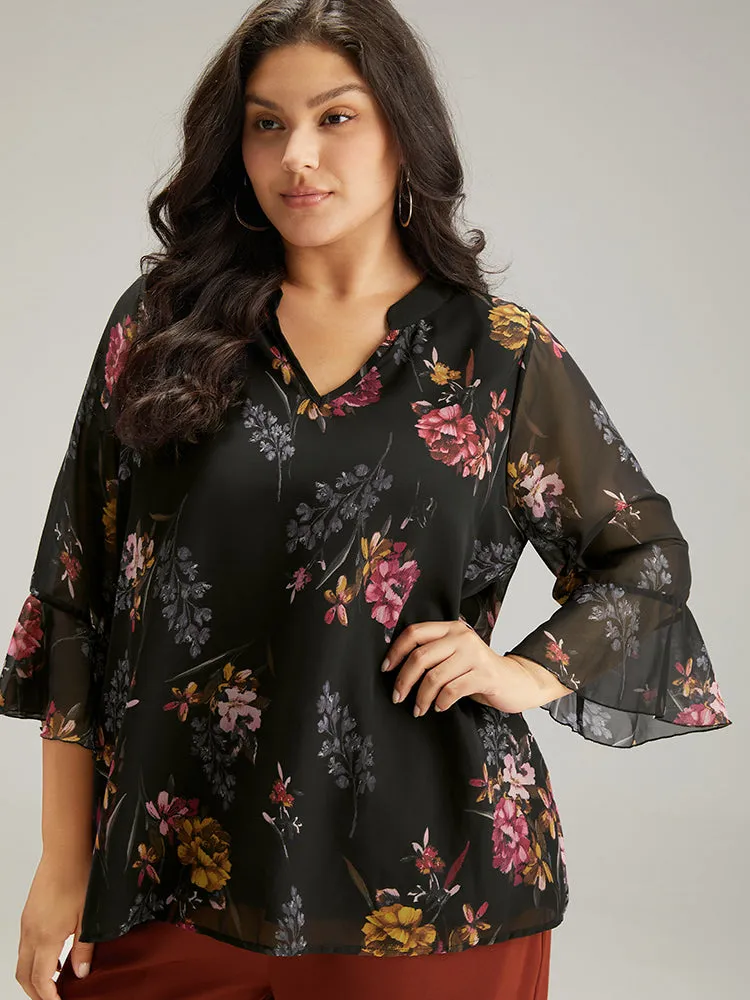 Floral Mesh Ruffle Sleeve Blouse sold by Bloomchic