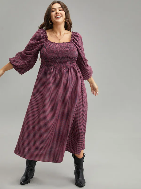 Gingham Square Neck Frill Trim Shirred Dress sold by Bloomchic