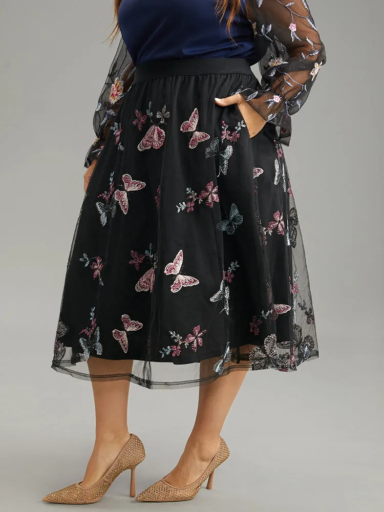 Butterfly Embroidered Mesh Elastic Waist Skirt sold by Bloomchic product image thumbnail 3