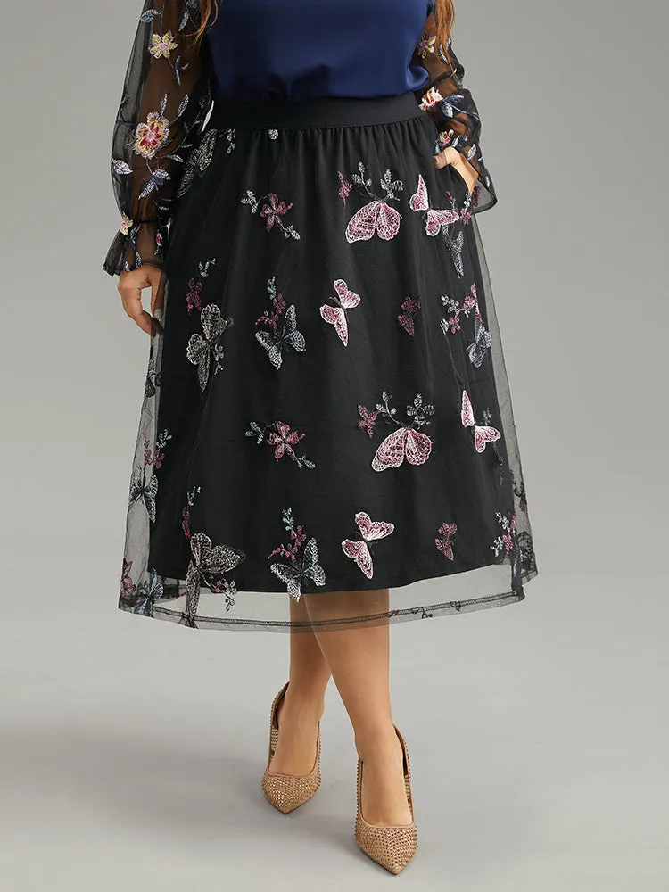 Butterfly Embroidered Mesh Elastic Waist Skirt sold by Bloomchic